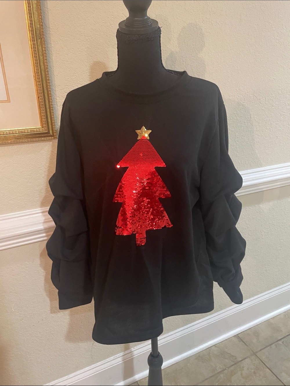 Kids Black Long-Sleeve Top with Red Sequin Christmas Tree